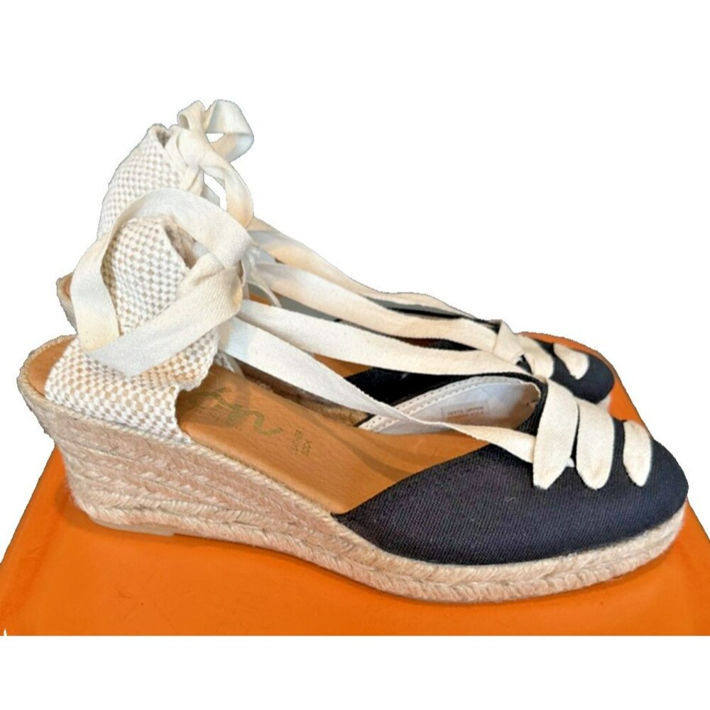 Picon Black and Cream Canvas Wedge Espadrilles Shoes sz 9.5 Made in Spain